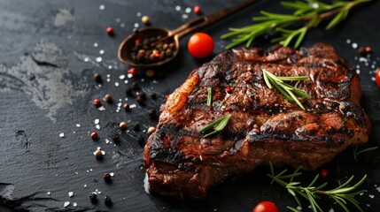 Hot Grilled Whole Denver Steak on Black Stone Background. Fresh Juicy Medium Rare Beef Grillsteak. Barbecue Meat Close Up - obrazy, fototapety, plakaty