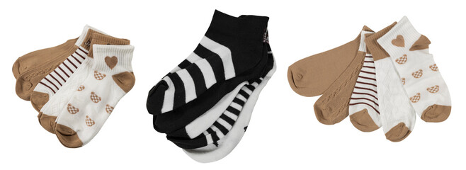 Colorful socks laid out on white background