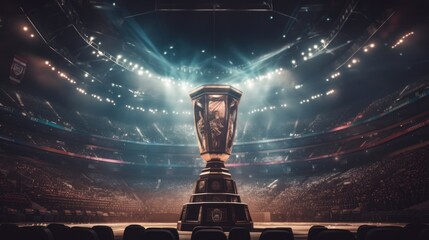 eSports Winner Trophy Standing on a Stage in the Middle of the Computer Video Games Championship Arena. - obrazy, fototapety, plakaty