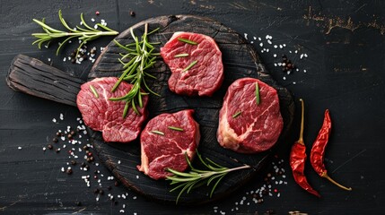 Raw beef fillet steaks with rosemary on black wooden board top view - obrazy, fototapety, plakaty
