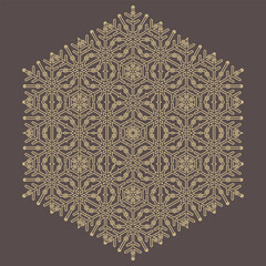 Round vector snowflake. Abstract winter ornament. Pattern with golden snowflake