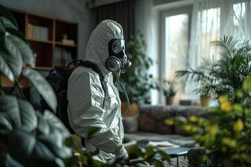 Man exterminator in a white hazmat protective suit and a gas mask in a messy room full of plants