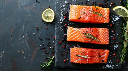 Salmon and spices on stone table.