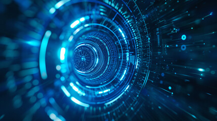 An intricate vector HUD design featuring concentric circles and radial lines in shades of electric blue