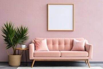 Mockup of blank painting in square frame over pink sofa in cozy living room interior