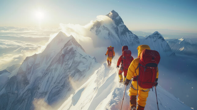 View from back on fully equipped mountaineers in the snowy mountains. Alpinism concept. Generative AI - Powered by Adobe