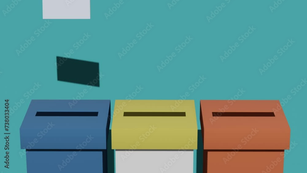 Poster voting boxes with falling paper forms. minimal modern motion design. abstract animation