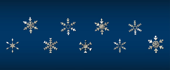 Vector banner illustration. Blue horizontal banner with silver snow snowflakes.