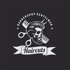 skull barbershop haircuts vintage logo vector graphic illustration