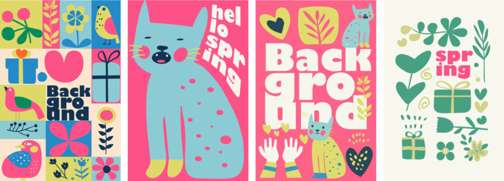 Hello spring. Collection of four naive style vector illustrations, this set bursts with the freshness of spring. It features stylized birds, vibrant flowers, playful hearts.