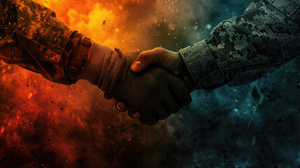 close-up, military men shake hands, one in a glove, handshake, against the background of fire, explosions - obrazy, fototapety, plakaty