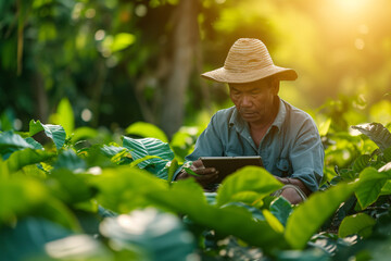 Farmer using digital tablet in coffee plantation, technology and agriculture concept