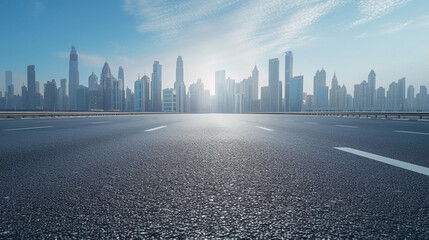 Asphalt road ground converges with the city skyline