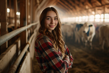 Portrait of a beautiful young woman standing in a stable at the animal farm