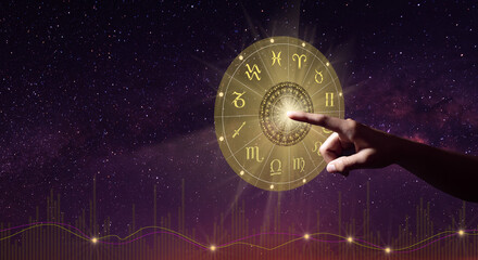 Human predicts the future. Zodiac sign wheel of fortune hologram with mandala inside. The Milky way...