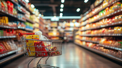 cart with groceries in a store against the background of shelves with goods in a supermarket - obrazy, fototapety, plakaty