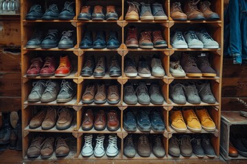 A wall with shoes inside the store. There are many different shoes on the shelves