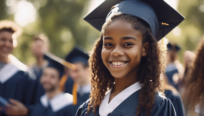 college graduation portrait of young Afro American girl with sincere smile, celebrations in the background
