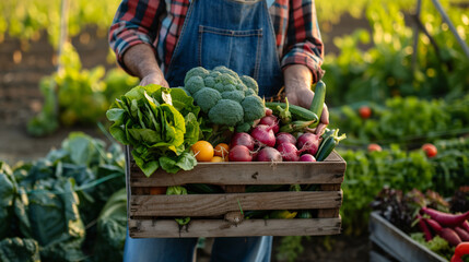 Midsection of farmer holding wooden crate with fresh vegetables on farm field