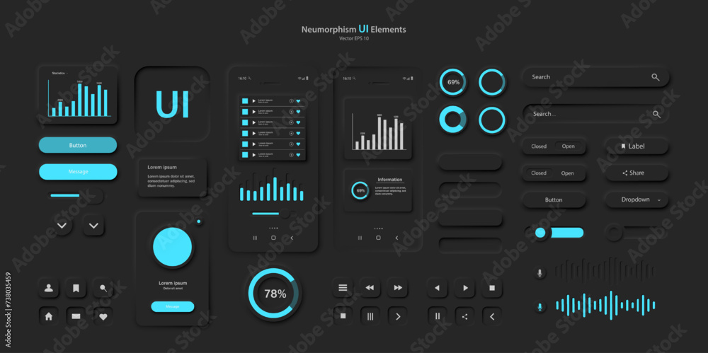 Poster user interface elements for a mobile application in black and blue style a set of neomorphism-style 