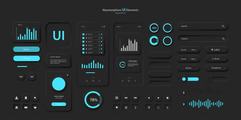 User interface elements for a mobile application in black and blue style A set of Neomorphism-style user interface icons. Vector EPS 1 0.