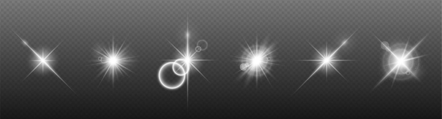 Sparkling and shining stars, bright flashes of lights with radiation. A set of glowing white lighting effects on a dark transparent background. Vector EPS 10.