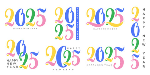 Big Set of 2025 Happy New Year logo text design. 2025 number design template. Vector illustration