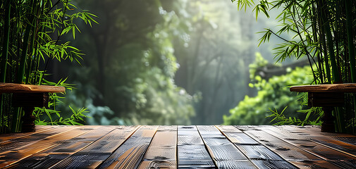 photo of an empty wooden table with a bamboo tree in the background - Powered by Adobe