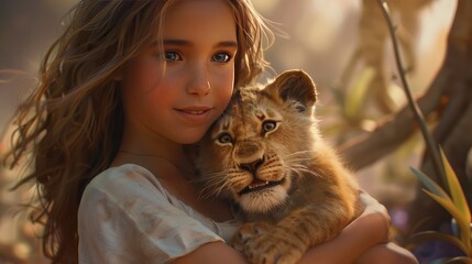 girl holding a lion cub or tiger cub in her arms and hugging