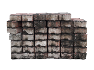 Pile of dirty pavement bricks, concrete blocks for paving. Pavement bricks are stacking for rearrangement, transparent background