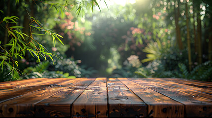 photo of an empty wooden table with a bamboo tree in the background