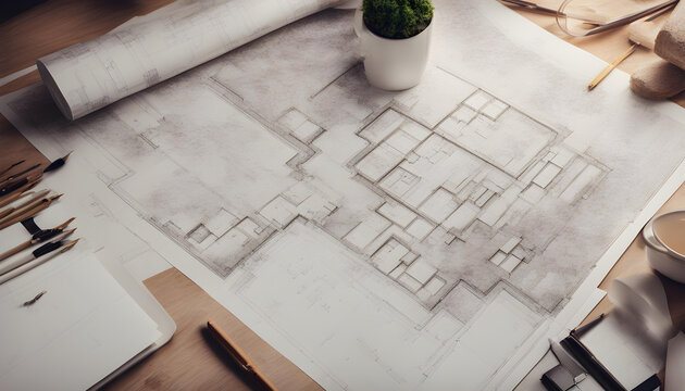 Architectural Plans with Landscape Design on Desk: Top View