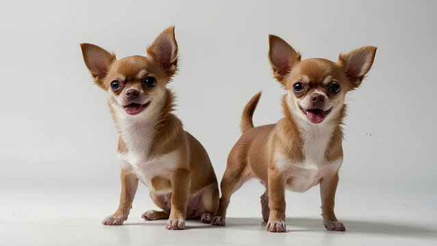 Dos perros chihuahua de pelaje café claro, mirando a cámara, sonrientes y felices, sobre fondo blanco