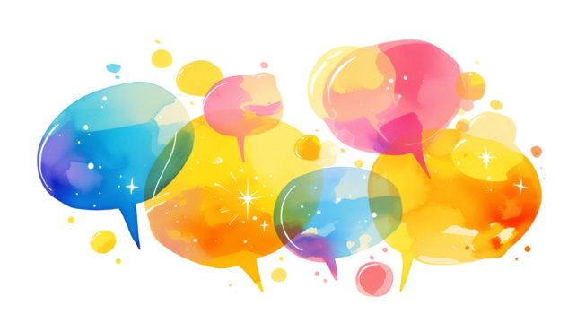 bright neon speech bubbles, watercolor style illustration, isolated on white background. Interesting fun fact banner design