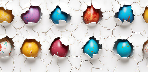 3D Colorful Easter Eggs inside cracked hole on white wall - obrazy, fototapety, plakaty