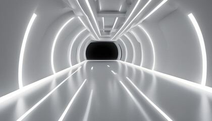 Abstract Space Technology Tunnel: Futuristic Empty White Room with Neon Lights 