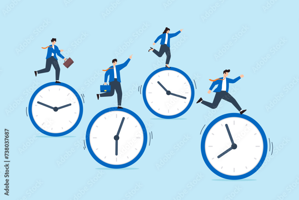 Wall mural business people riding clock to complete work assignment