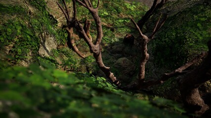 Fototapeta premium 3D RENDER ROCK CAVE ENTRANCE IN FOREST IS SURROUNDED BY OLD TREES AND FOLIAGE