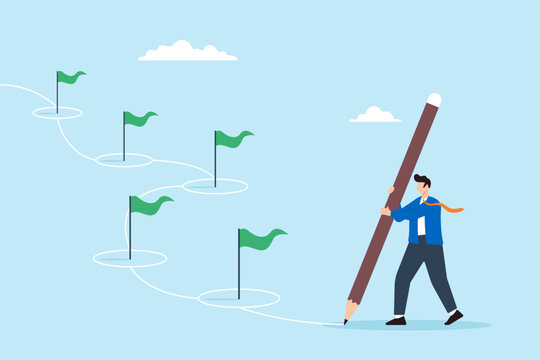 Businessman draw workflow line with achievement flag milestone using pencil