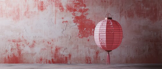Traditional Red Lantern Hanging on Rustic Wall