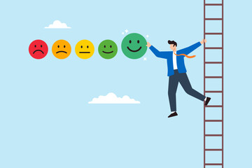 Young man on the ladder giving feedback rating with smile emoticons © VZ_Art