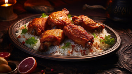 Fototapeta premium Traditional iranian biryani meal with chicken and rice on table