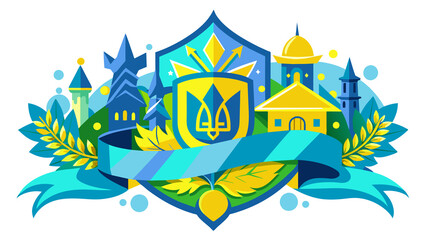 Cartoon yellow field with sunshine houses and plants. In the middle is a trident, the coat of arms of Ukraine. There are yellow and blue elements. Ribbon for placing text. - obrazy, fototapety, plakaty