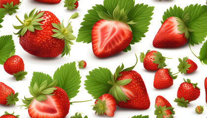 Sweet and Juicy: Isolated Strawberries with Leaves on White Background. Whole and Half Strawberries...
