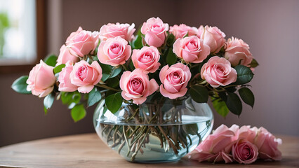 Obraz na płótnie Canvas pink rose in glass vase on wood background 
