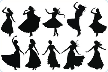 Dancing Women silhouettes, Vector silhouettes of girls dancing in different positions, Woman dancing silhouette vector illustration, Vector silhouette of a woman dancing