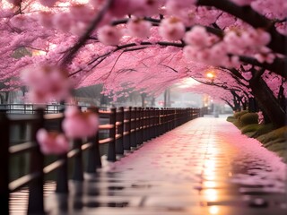 A walkway with cherry blossoms in full bloom in the city early in the morning. generative ai