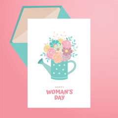 Vector Woman's Day greeting card with flowers in the pot