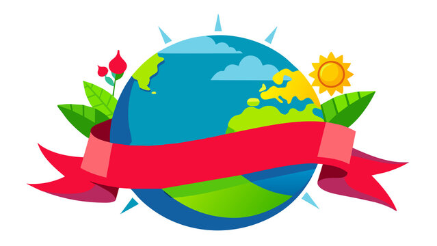A round flat globe with sun and clouds surrounded by a red ribbon for text. A red ribbon is tied around the world, emphasizing the environmental theme. The image represents the environment and ecology