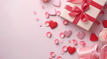 Valentine day or mother day festive composition with gift or present box, rose flowers and pink red hearts on pastel background top view.